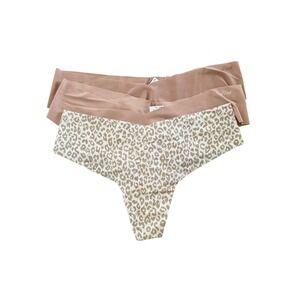 Victoria's Secret PINK No Show Thong Panty Bundle of  3 XL Blush Tan Leopard NEW